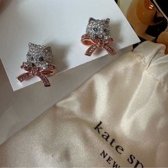 Kate Spade Glittering Silver and Pink Cat Earrings - Picture 3 of 5